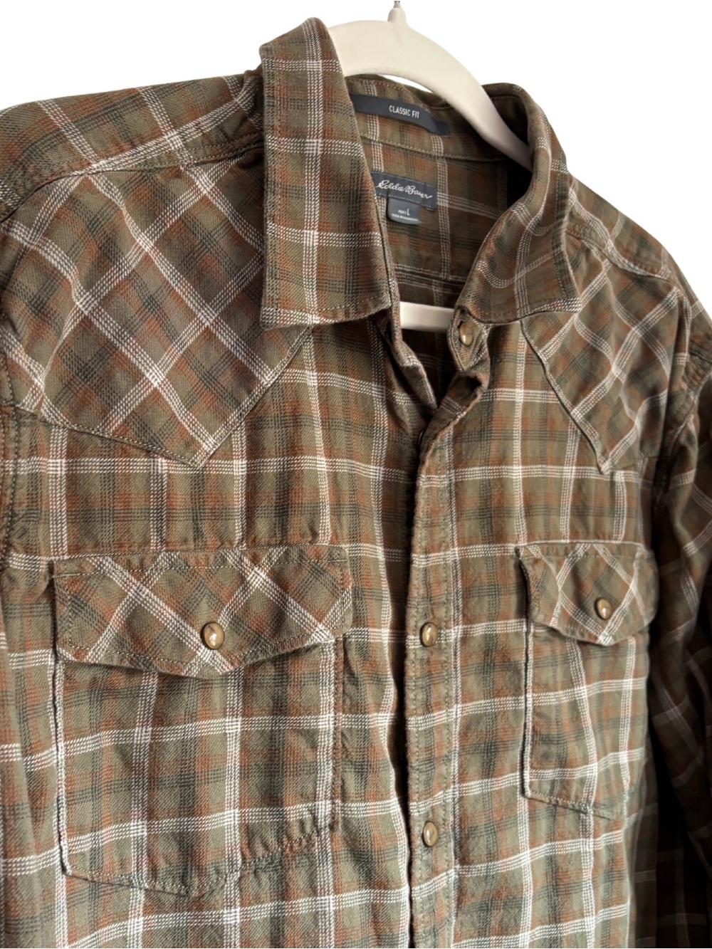 Eddie Bauer Brown and Olive Plaid Western Snap Flannel